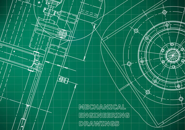 Plano, Sketch. Ilustración de ingeniería vectorial. Cubierta, volante, pancarta, fondo verde claro. Cuadrícula. Dibujo de fabricación de instrumentos
 - Vector, Imagen