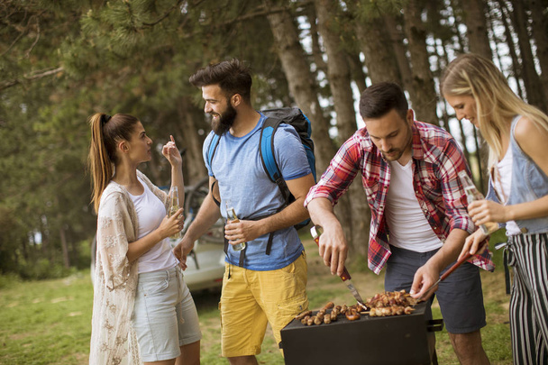 Grupa młodych ludzi korzystających grill party w naturze - Zdjęcie, obraz