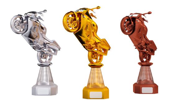 Előnézete sport motorkerékpár arany ezüst és a bronz trófeák  - Fotó, kép