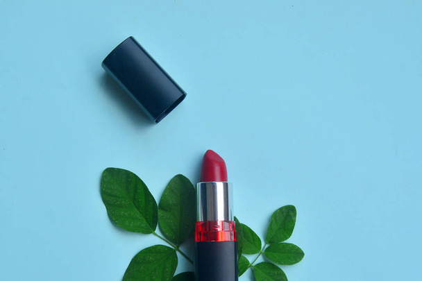 Red lipstick isolated with green leaves on pastel background, Mi - Foto, afbeelding