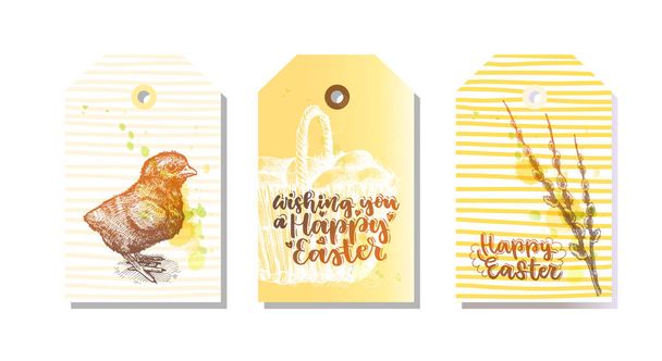 Conjunto de etiquetas de regalo sobre la Pascua con cotización Feliz día de Pascua. Con la mano dibujada con un pollo, ramas de sauce, una canasta de mimbre. Perfecto para saludos navideños
 - Vector, Imagen