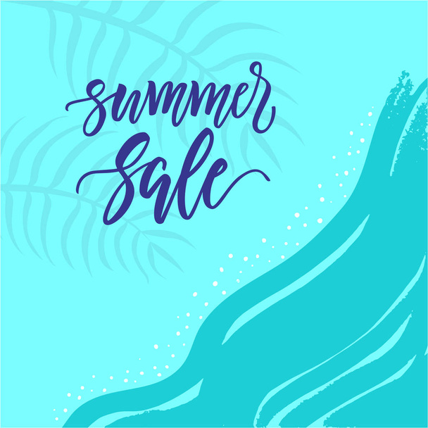 Ілюстрація басейну з сучасною каліграфією "Літній розпродаж", хвиля, і тінь листя долоні
. - Вектор, зображення