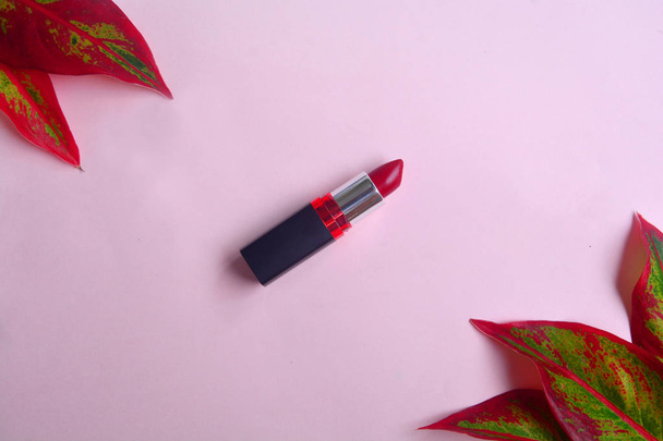 Red lipstick isolated with red leaves on pastel background, Mini - Foto, Imagem