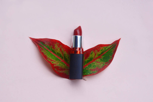 Red lipstick isolated with red leaves on pastel background, Mini - Fotografie, Obrázek