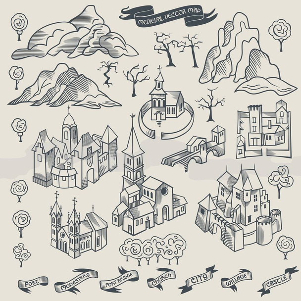 Medieval map elements engraving and woodcut style vector cartography illustration - Вектор,изображение
