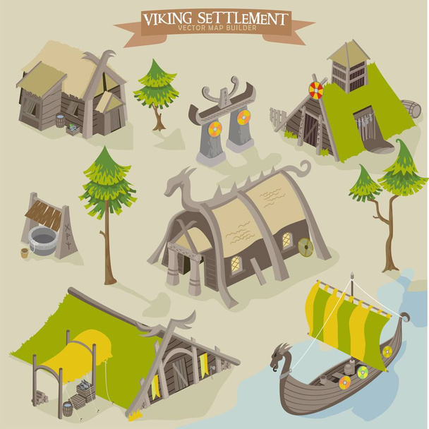 Viking settlement vector kaart buider isometrische illustratie van Scandinavische Norseman gebouwen collectie-Tags - Vector, afbeelding