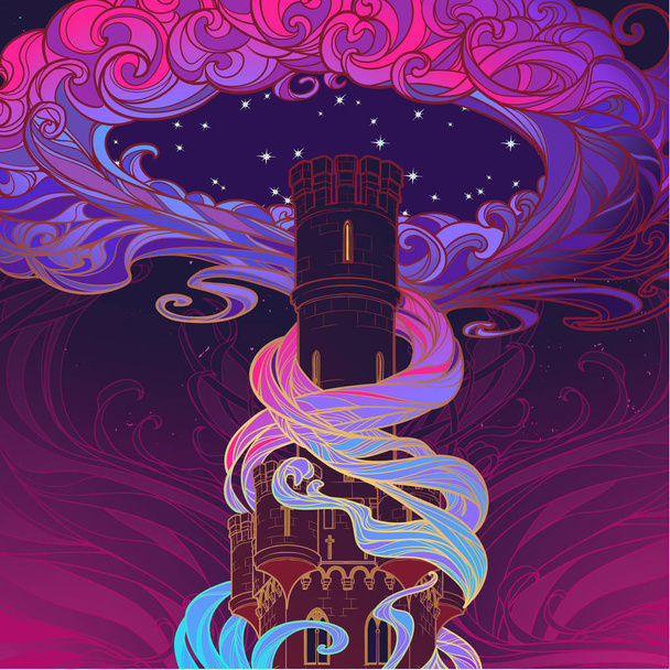 Tower of dreams. Dark gothic tower in the center of a storm. - Vector, Image