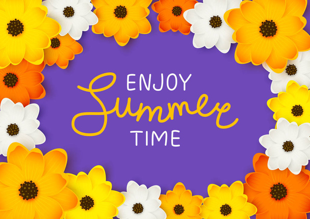orange und gelbe Blumen mit Sommerbotschaft auf violettem Hintergrund - Vektor, Bild