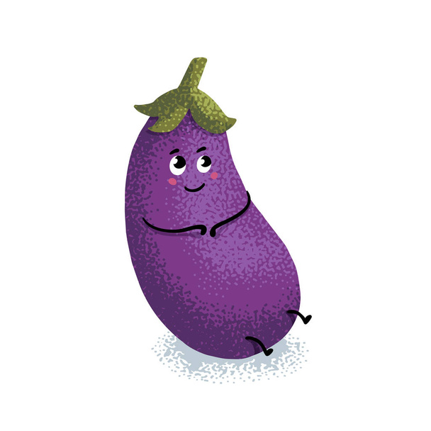 Eggplant character. Cute ripe violet eggplant character with grain texture isolated on white background. Vector illustration. - Vector, Image