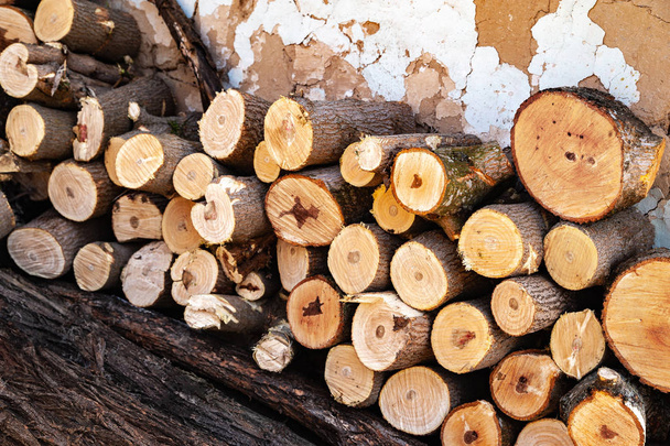 Brennholz gesägt Stapel. ein Haufen gehäckseltes Holz.  - Foto, Bild