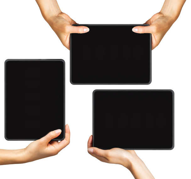 Set of mockups of black tablets in womens hands, concept of mobile shopping - Foto, Imagen