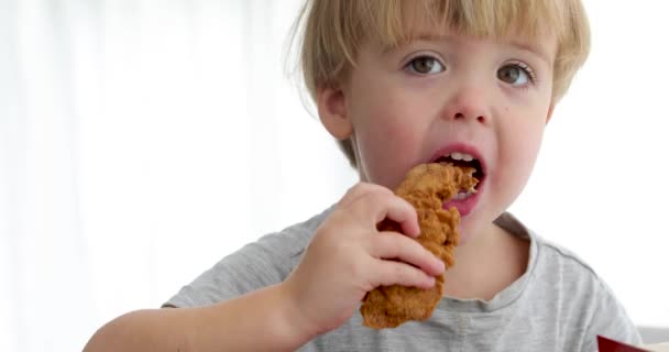 kis fiú eszik sült csirke - Felvétel, videó