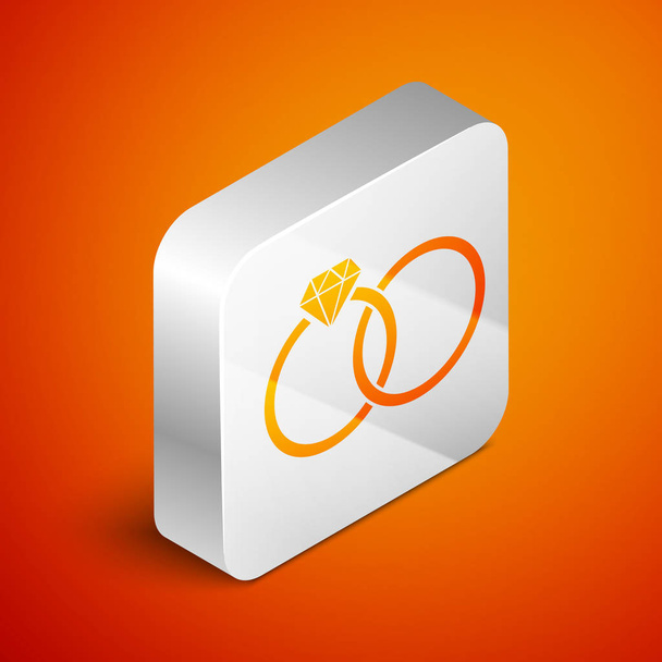 Isometric Wedding rings icon isolated on orange background. Bride and groom jewelery sign. Marriage icon. Diamond ring. Silver square button. Vector Illustration - Vector, Image