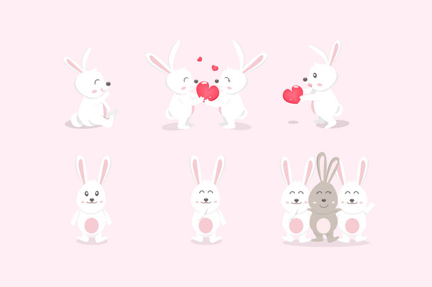 Lindo conejo y amigos, conejito blanco, animal niño caricatura
 - Vector, imagen