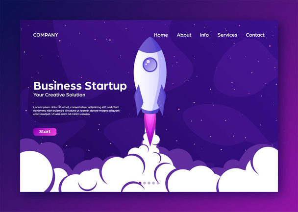 Website landing home page with rocket. Business project startup and development modern flat background. Mobile web design template. Space travel on a rocketship. Vector illustration. - Vector, Image