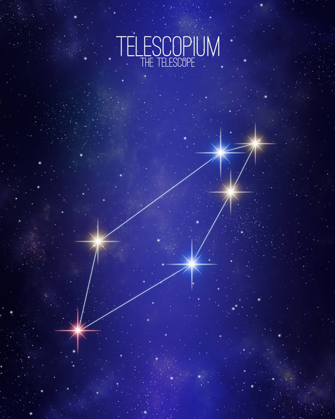 Telescopium the telescope constellation map on a starry space background. Stars relative sizes and color shades based on their spectral type. - Фото, изображение