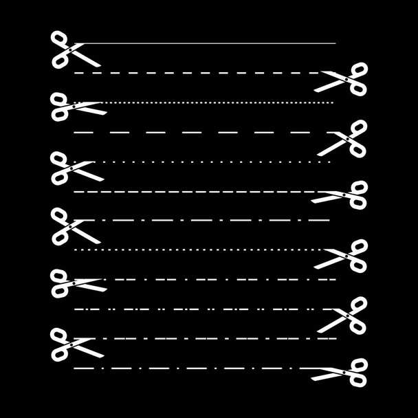 Το ψαλίδι διανύση με γραμμές κοπής, κουκκίδα, διακεκομμένες γραμμές. Διαχωρισμός γραμμών. Διάνυσμα  - Διάνυσμα, εικόνα