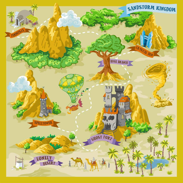 Фантазія рекламні карта для картографії з барвистими Doodle боку зробити векторну ілюстрацію в пустельній землі-Sandstorm Королівство - Вектор, зображення
