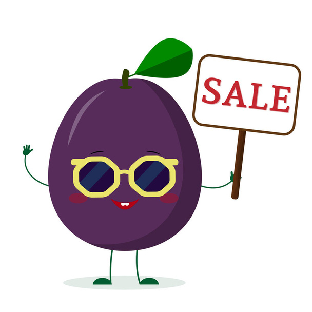 Kawaii cute purple plum cartoon character in sunglasses keeps a sale sign. Logo, template, design. Vector illustration, a flat style - Vector, Imagen