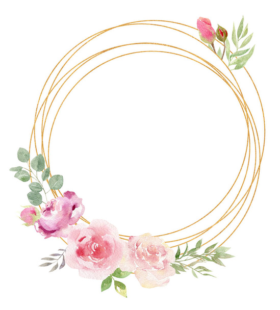 Watercolor golden geometric frame decorated with florals and ros - Photo, image
