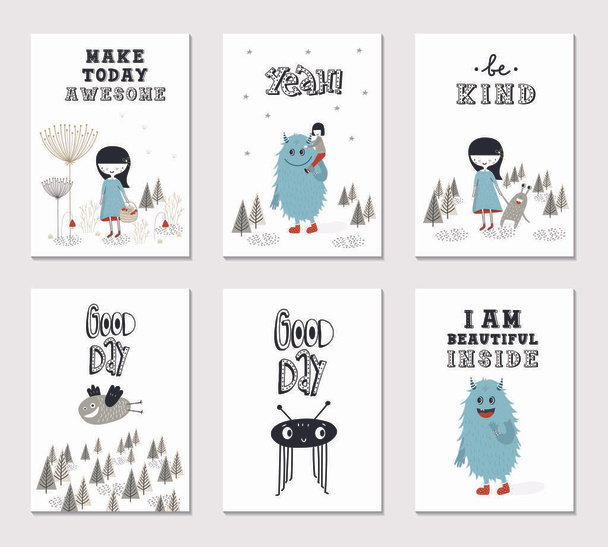 Collection of children cards with cute monsters and lettering. Perfect for nursery posters. Vector illustration. - Vector, Image