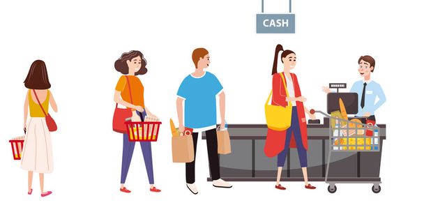 Supermarket or store, cash desk and cashier. Men and women buyers, cart products. Big shopping center. Vector, illustration, isolated, cartoon style - Vector, Image