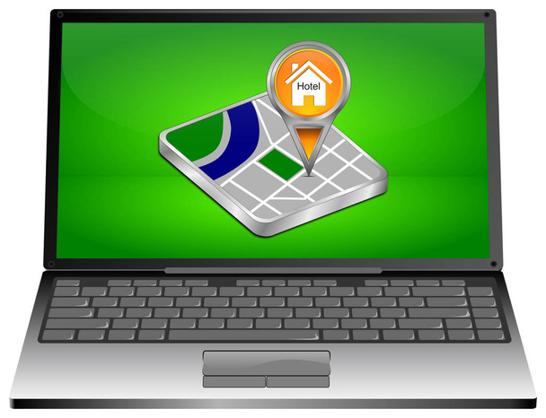 Přenosný počítač s oranžovým ukazatelem mapy s hotelem symbol na zelené ploše-3D ilustrace - Fotografie, Obrázek