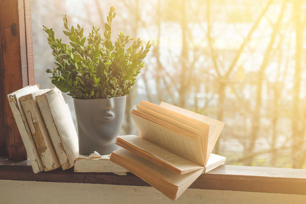 Open boeken op vintage Sill met een mooie bloemenvaas. Achtergrond van boeken - Foto, afbeelding