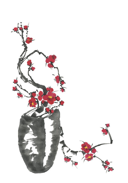 A branch of cherry blossoms in a vase. Pink and red stylized flowers of plum mei and  wild cherry . Watercolor and ink illustration of tree in style sumi-e, go-hua,  u-sin. Oriental traditional painting.  - Fotoğraf, Görsel