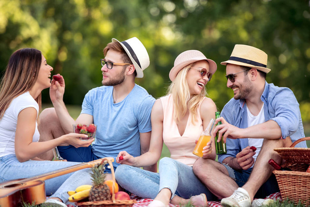 glückliche junge Freunde beim Picknick im Park. Sie sind alle glücklich, haben Spaß, lächeln und spielen Gitarre. - Foto, Bild