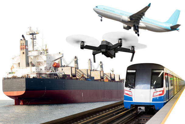 Global közlekedési fogalmi kereskedelmi vonatok, repülőgépek, daru hajó. - Fotó, kép
