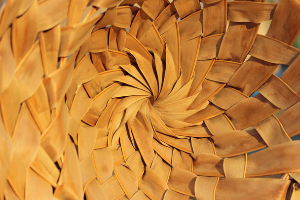 Beautiful Wooden Pattern. Abstract Wooden Backgrounds Textures.Cropped Shot Of A Basket.  Bamboo Hat Close Up - Fotó, kép