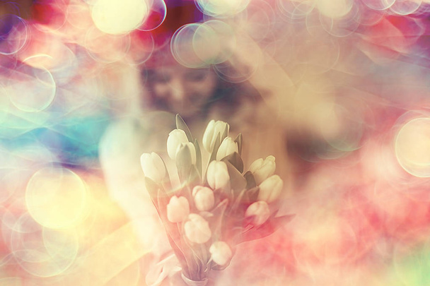 blurred background, spring portrait girl happy / glam photo pink bokeh, fashion girl - Foto, immagini