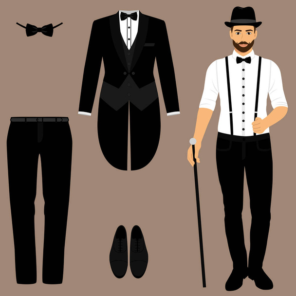 Men s tuxedo. Gentleman. Men s Accessories. Wedding men s set. - Vector, Image