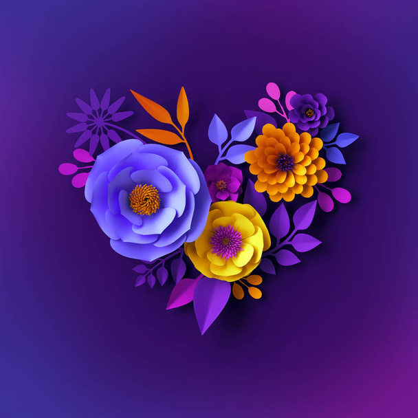 3d vivid neon paper flowers design, floral heart shape, Valentine's day concept, festive clip art, botanical background - Photo, image