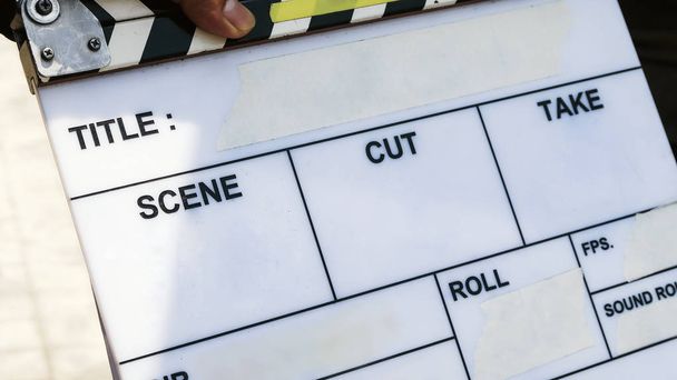 フィルムスレートの閉鎖、フィルム制作クルーの背景 - 写真・画像