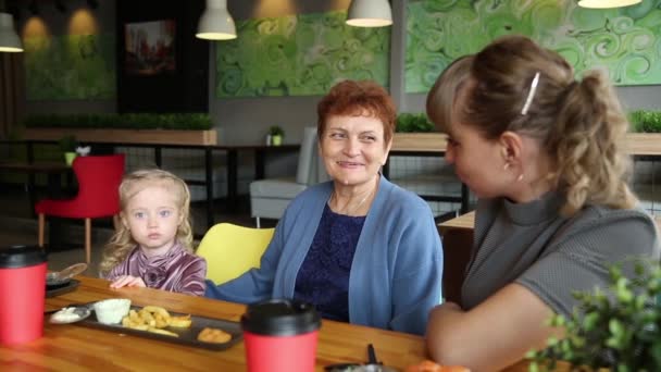 祖母は孫娘に物語を伝える。年配の引退した女性がカフェで彼女の小さな女の子の孫娘に物語を伝えます. - 映像、動画