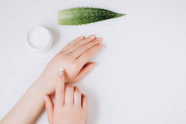 Closeup of beautiful female hands applying cream. Organic cream from Aloe vera fresh leaves on white background. Flat lay, top view, copy space. Healthcare concept. - Valokuva, kuva