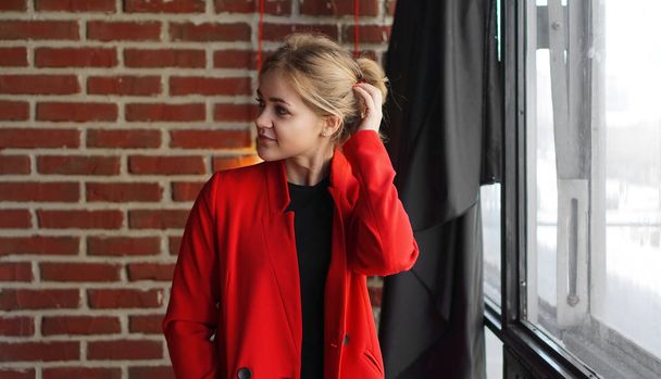 Businesswoman happy smile wear red jacket over office brick wall - Foto, Bild