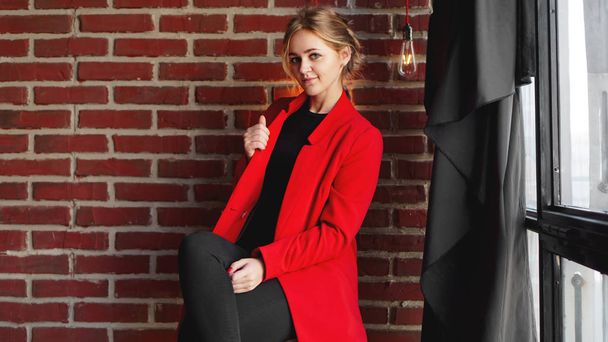 Businesswoman happy smile wear red jacket over office brick wall - Foto, Imagem