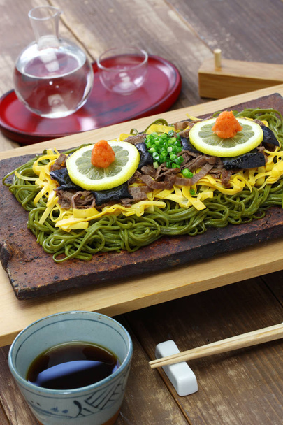 kawara soba, japanese local food,  fried green tea buckwheat noodles on roof tile - Photo, Image