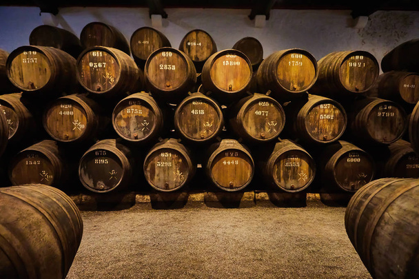 Viejos barriles de madera tradicionales envejecidos con vino en una bóveda alineada en una bodega fresca y oscura en Italia, Oporto, Portugal, Francia - Foto, imagen