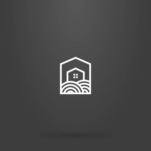 білий знак на чорному тлі. простий лінійний арт знак приватного будинку на ділянці землі в п'ятикутному каркасі
 - Вектор, зображення