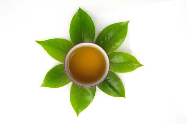 Chá verde e folhas verdes
 - Foto, Imagem