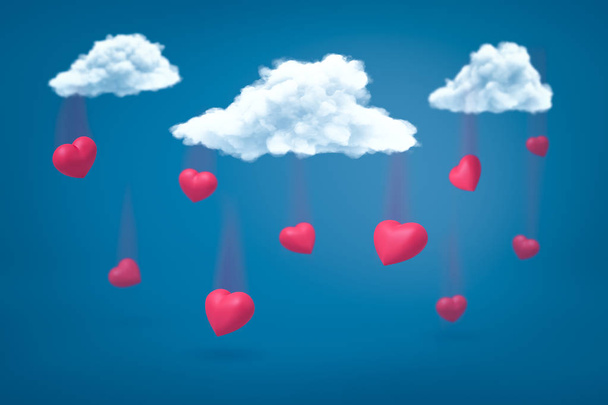 3d rendering of set of scarlet hearts falling down from three white clouds on blue background. - Fotó, kép