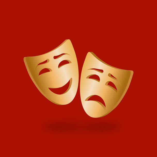 Golden theatrical masks of comedy and tragedy on red background - Vetor, Imagem