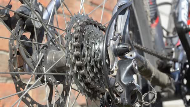 New cassette with gears and chain on the rear wheel of old gray bike, new transmission in work - Footage, Video