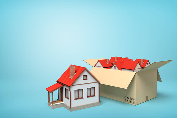3d rendering of detached houses in carton box on blue background. - Photo, Image