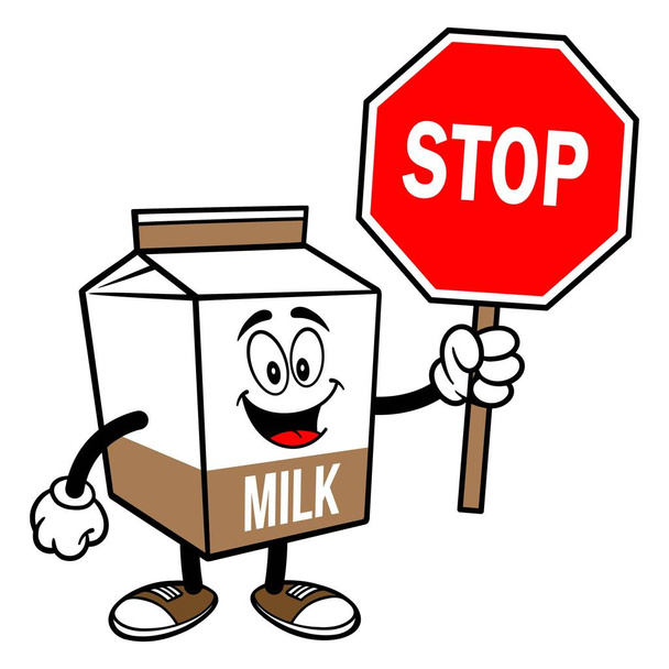 Chocolade melk karton mascotte met een stop teken-een cartoon illustratie van een chocolade melk karton mascotte. - Vector, afbeelding
