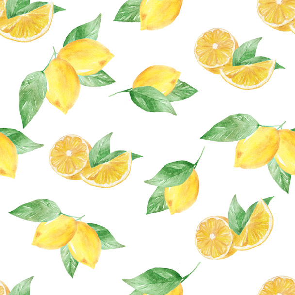 Aquarell handgefertigte nahtlose Muster mit gelben Zitronenfruchtscheiben. - Foto, Bild